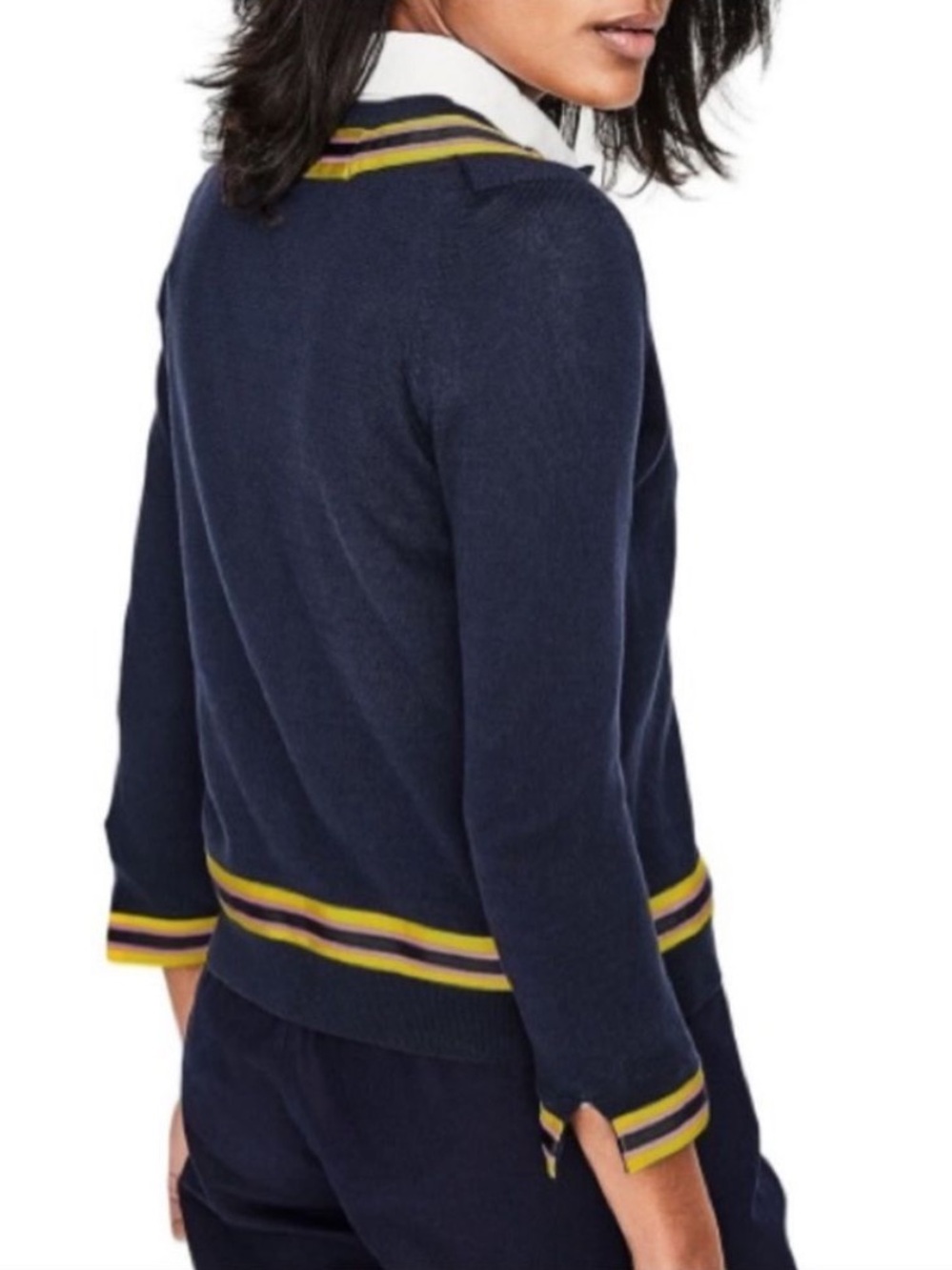 Boden Abigail Grossgrain Ribbon Trim Button Down Cardigan in Navy - Picture 2 of 7
